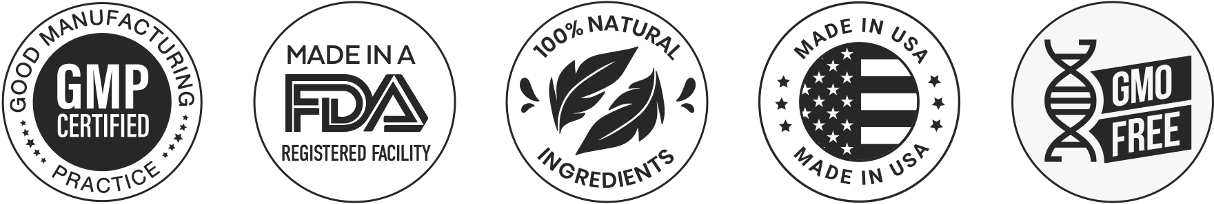 Synaptigen™ quality certifications including GMP certified, FDA registered facility, made in USA, and non-GMO