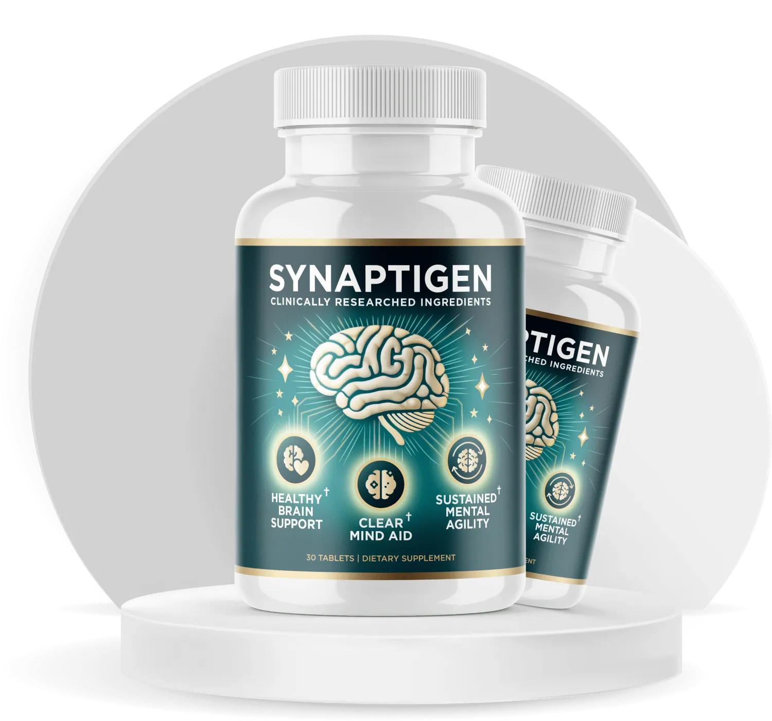 Synaptigen™ natural brain support supplement bottles for memory, focus, and mental clarity